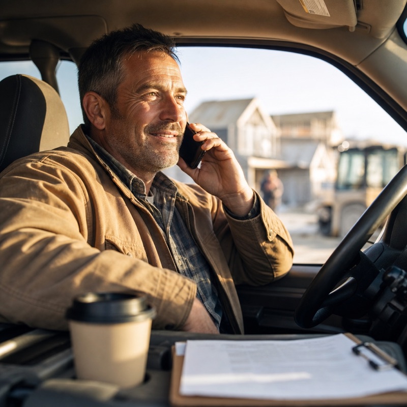A contractor in his truck, on the phone, relieved
